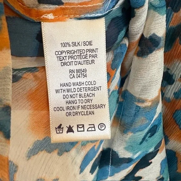 Tommy Bahama Women's Blue Orange White Abstract Print Sheer 100% Silk Blouse SM - Picture 4 of 7
